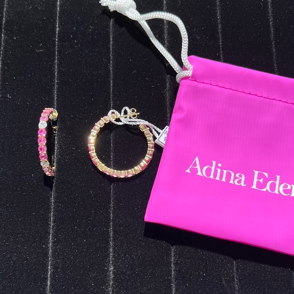 Hoop Earrings Gold Plated Adina Eden Jewels Pink Multi Colored Round Stone NWT - Picture 12 of 12
